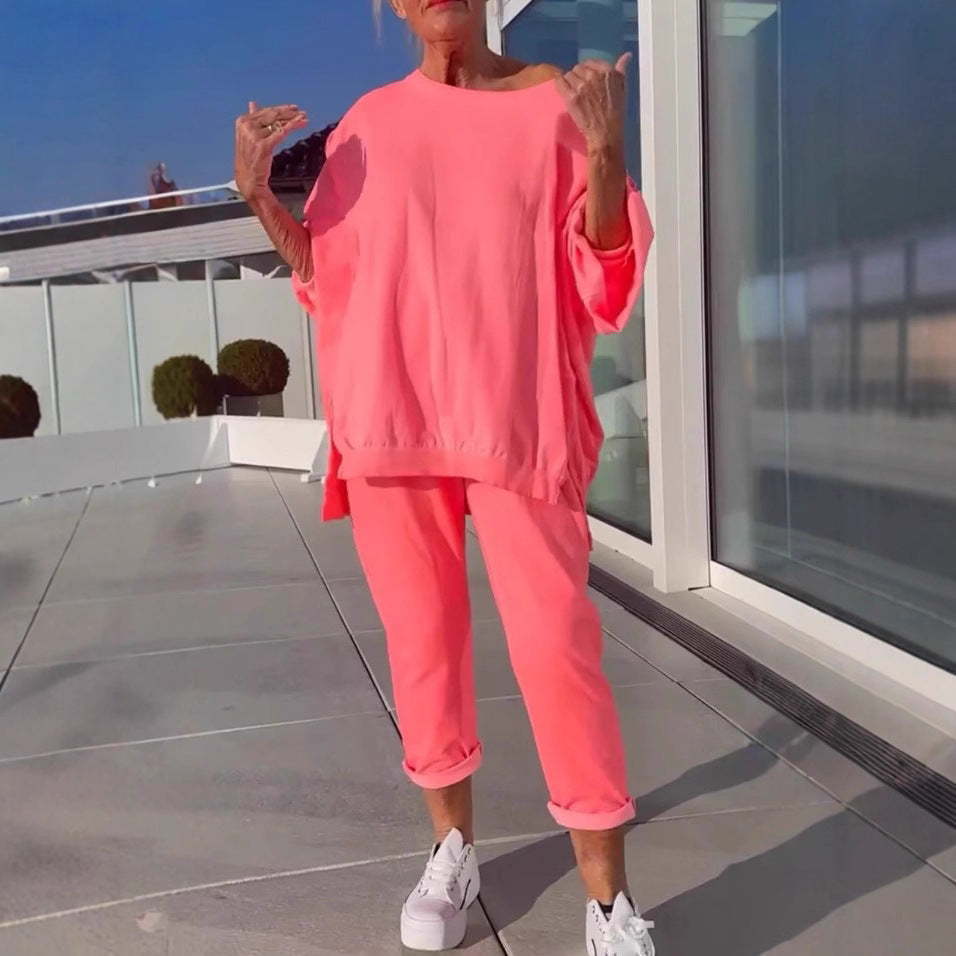 Casual Solid Color Polyester Sweatpants 2 Pieces Pant Co-ord Set With Round Neck