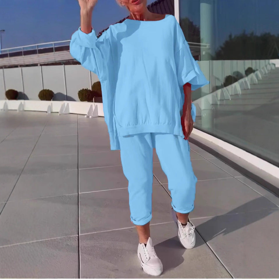 Casual Solid Color Polyester Sweatpants 2 Pieces Pant Co-ord Set With Round Neck