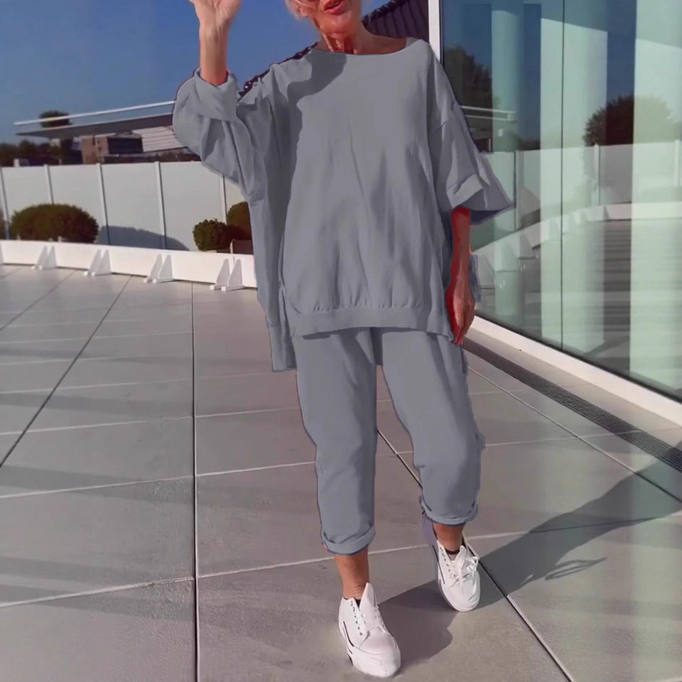 Casual Solid Color Polyester Sweatpants 2 Pieces Pant Co-ord Set With Round Neck
