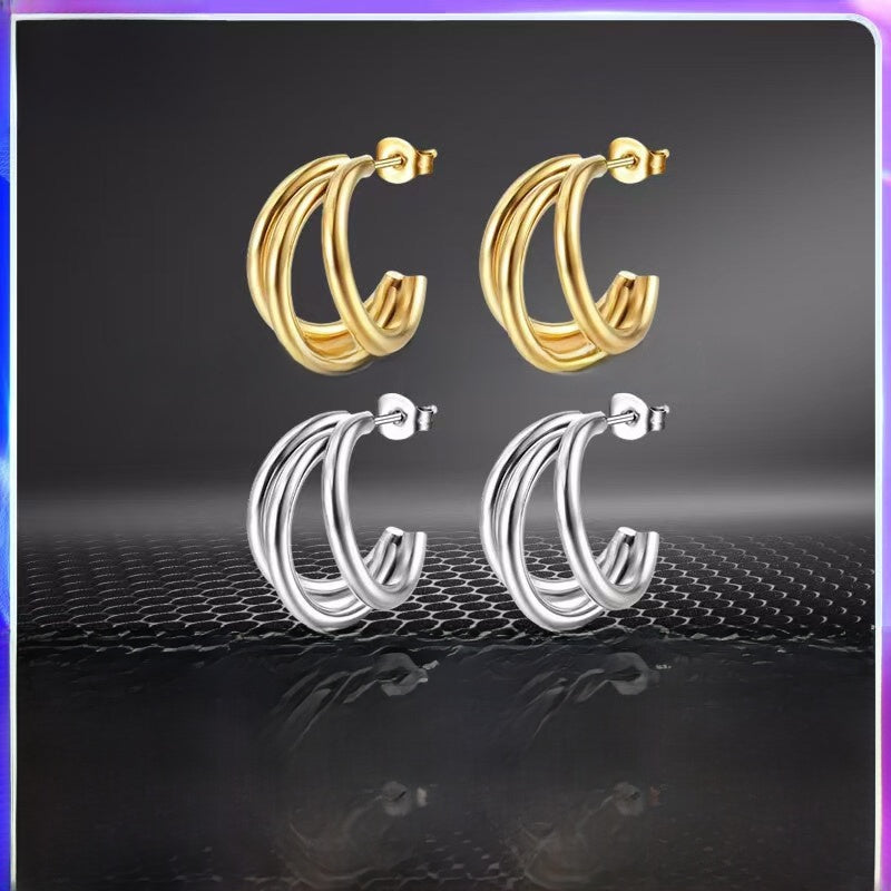 C Shape Earrings For Women In Steel Color Featuring Real Gold Plated Design With 304 Stainless Steel Ear Pins