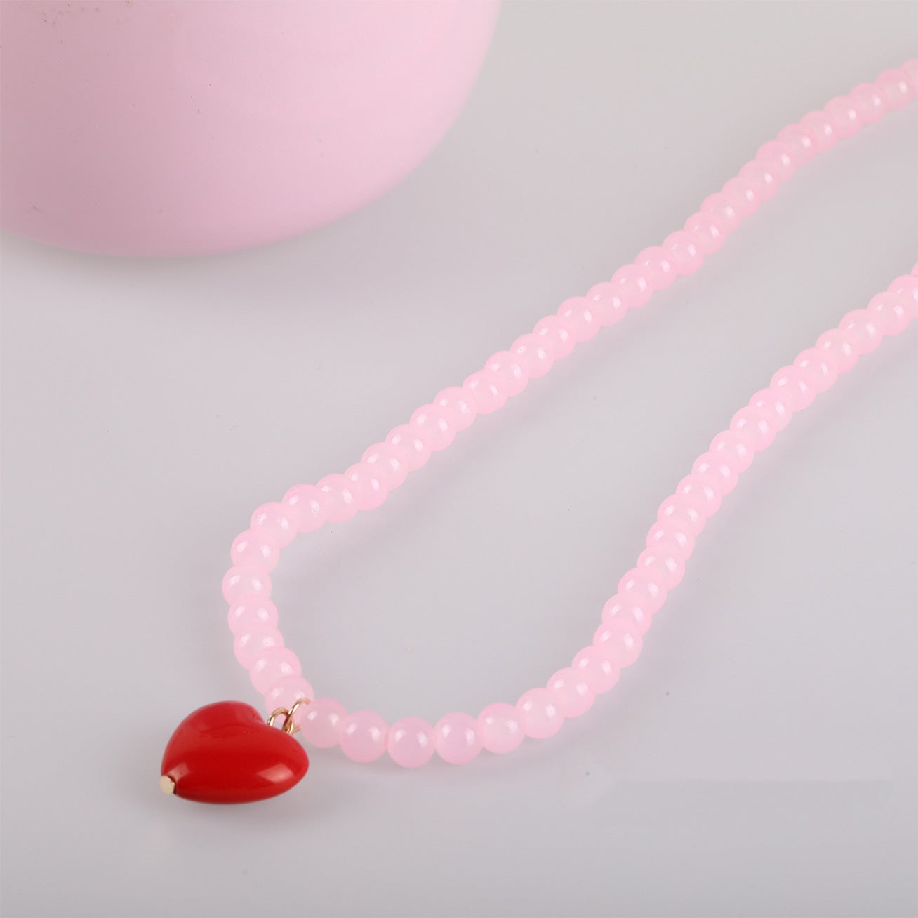 Sweet Heart Shape Necklace With Natural Pink Resin Pendant On Ball Chain For Unisex