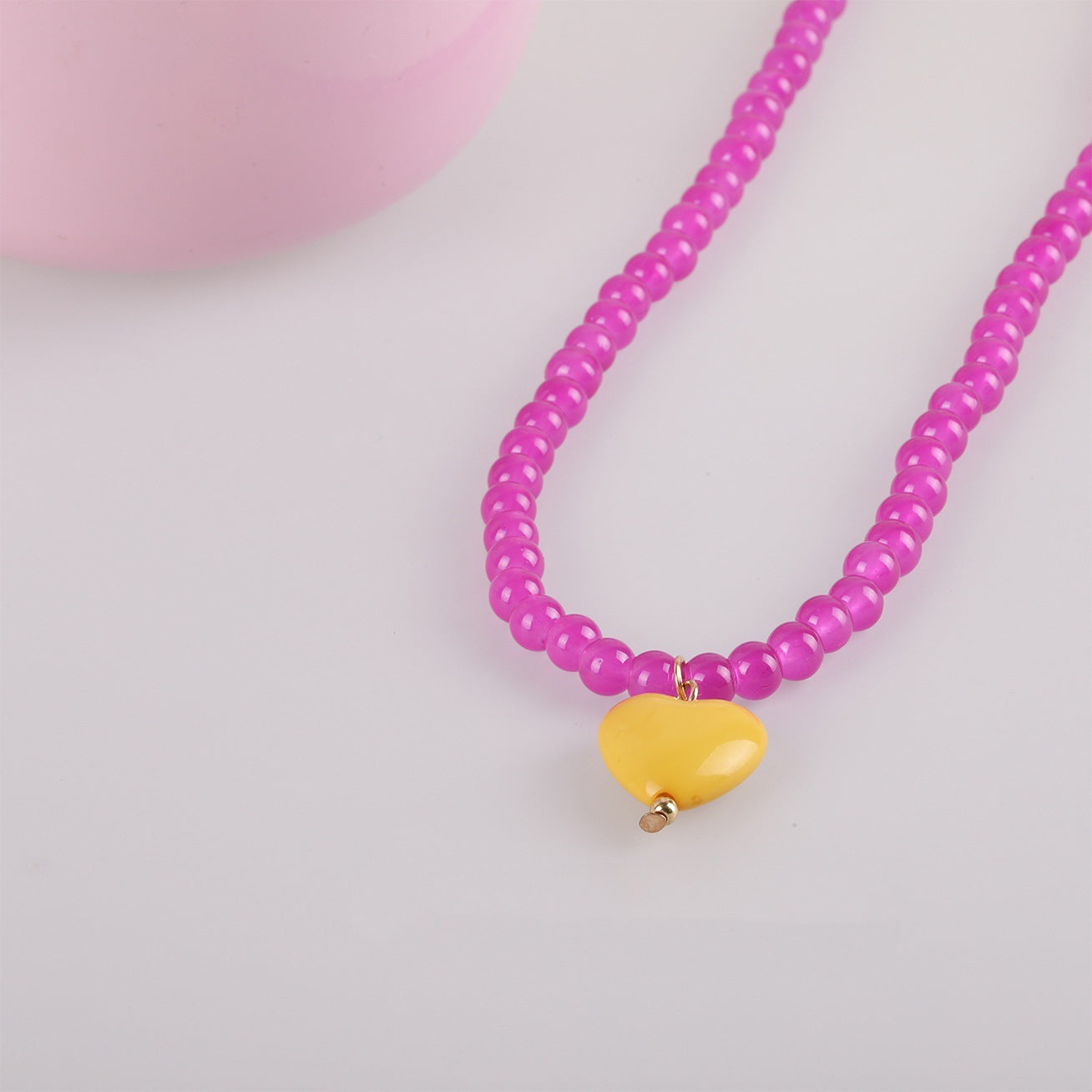 Sweet Heart Shape Necklace With Natural Pink Resin Pendant On Ball Chain For Unisex