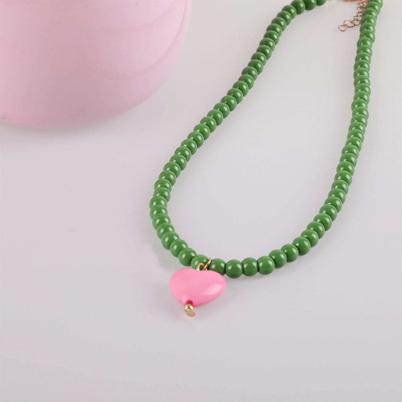 Sweet Heart Shape Necklace With Natural Pink Resin Pendant On Ball Chain For Unisex