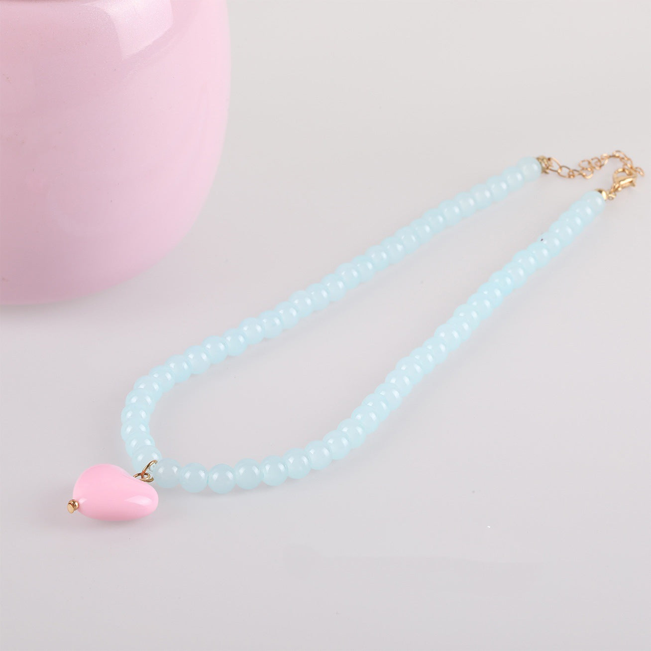 Sweet Heart Shape Necklace With Natural Pink Resin Pendant On Ball Chain For Unisex