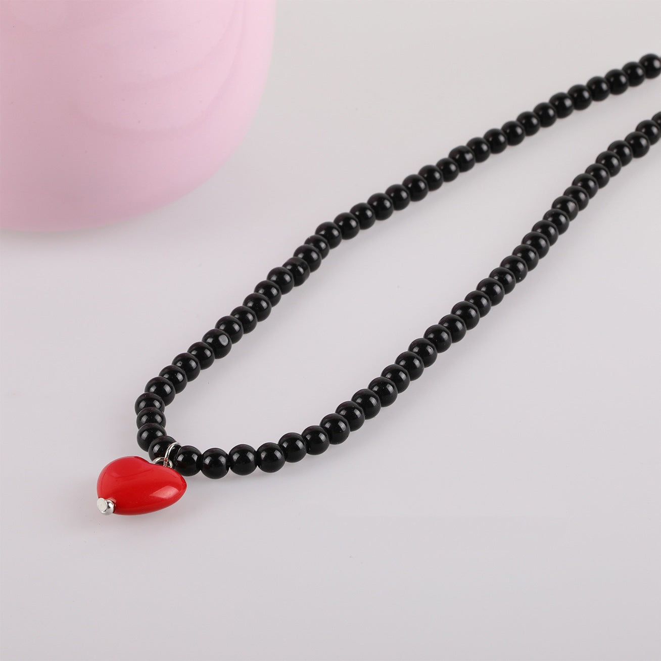 Sweet Heart Shape Necklace With Natural Pink Resin Pendant On Ball Chain For Unisex
