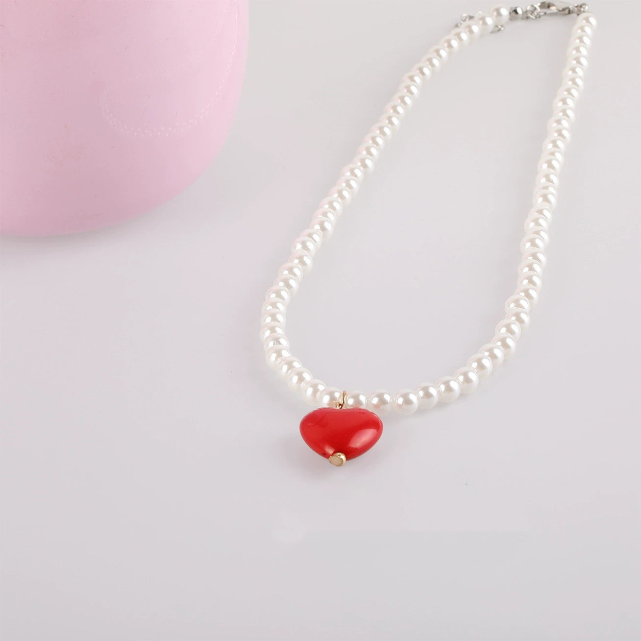 Sweet Heart Shape Necklace With Natural Pink Resin Pendant On Ball Chain For Unisex