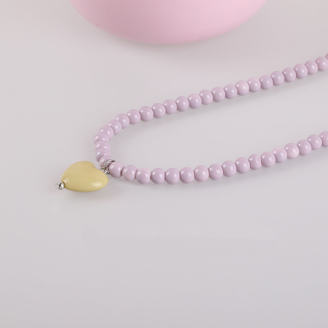 Sweet Heart Shape Necklace With Natural Pink Resin Pendant On Ball Chain For Unisex
