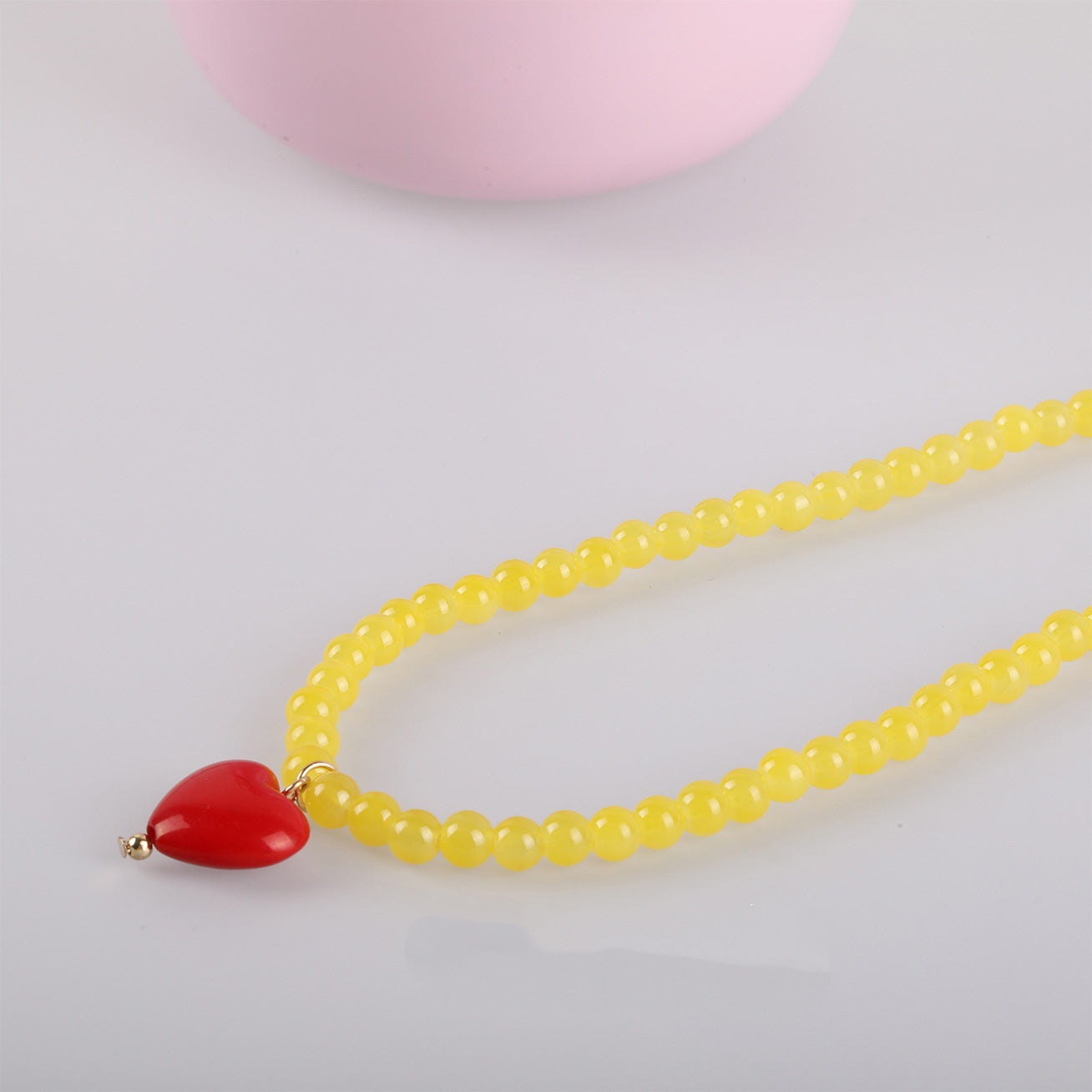 Sweet Heart Shape Necklace With Natural Pink Resin Pendant On Ball Chain For Unisex