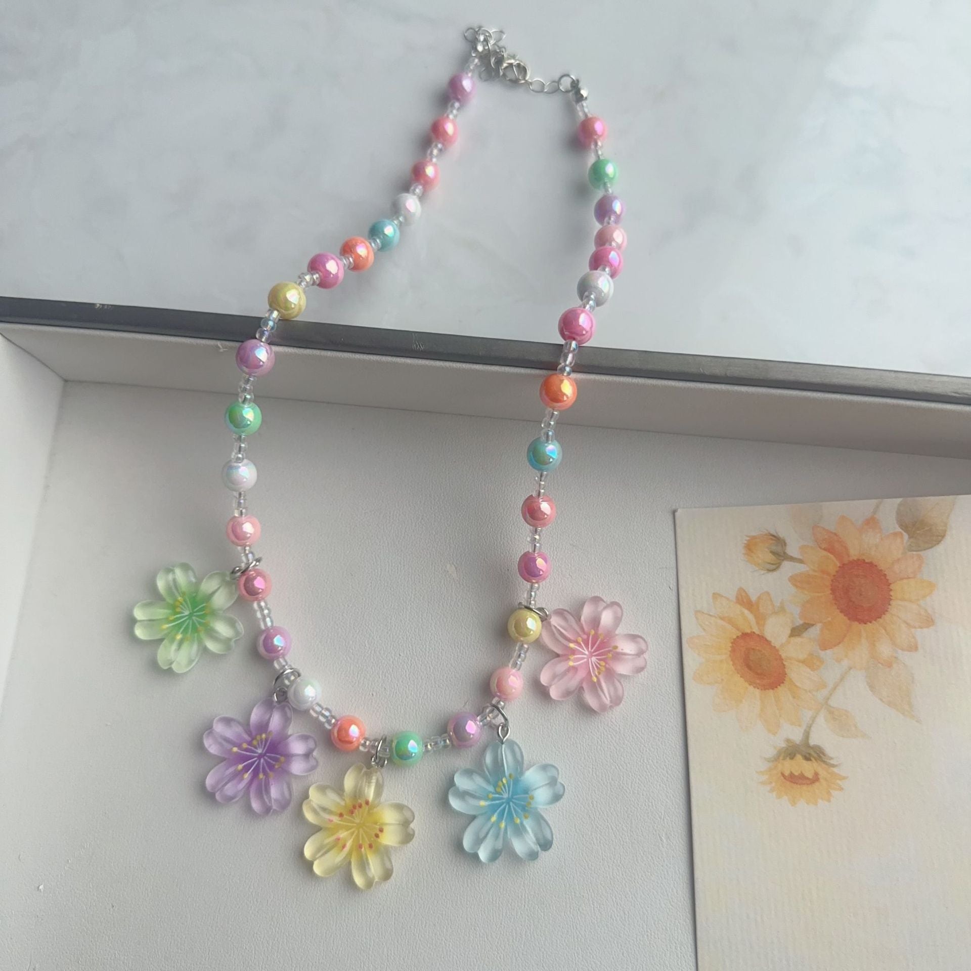 Cute Cartoon Acrylic Beaded Choker Necklace For Women With Ball Chain