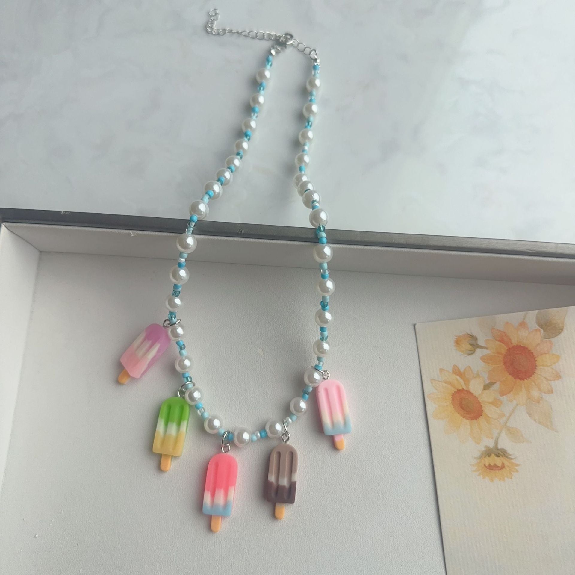 Cute Cartoon Acrylic Beaded Choker Necklace For Women With Ball Chain
