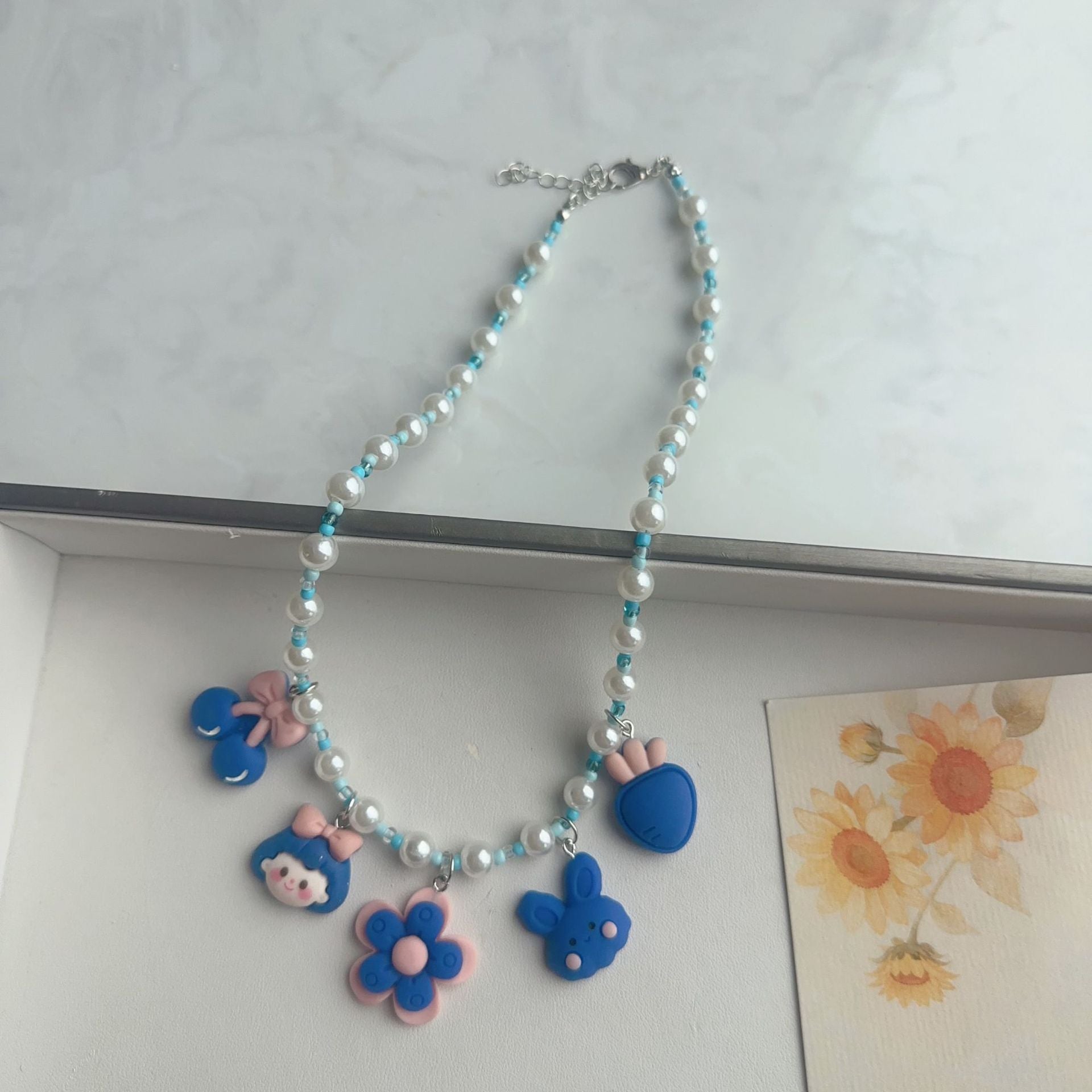 Cute Cartoon Acrylic Beaded Choker Necklace For Women With Ball Chain