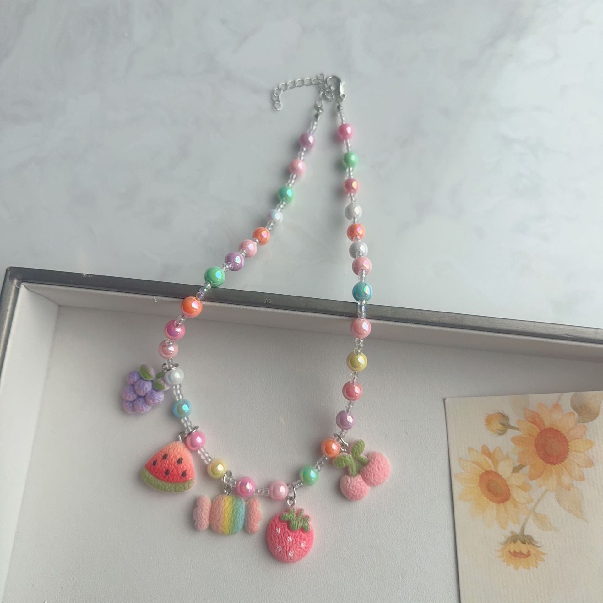 Cute Cartoon Acrylic Beaded Choker Necklace For Women With Ball Chain