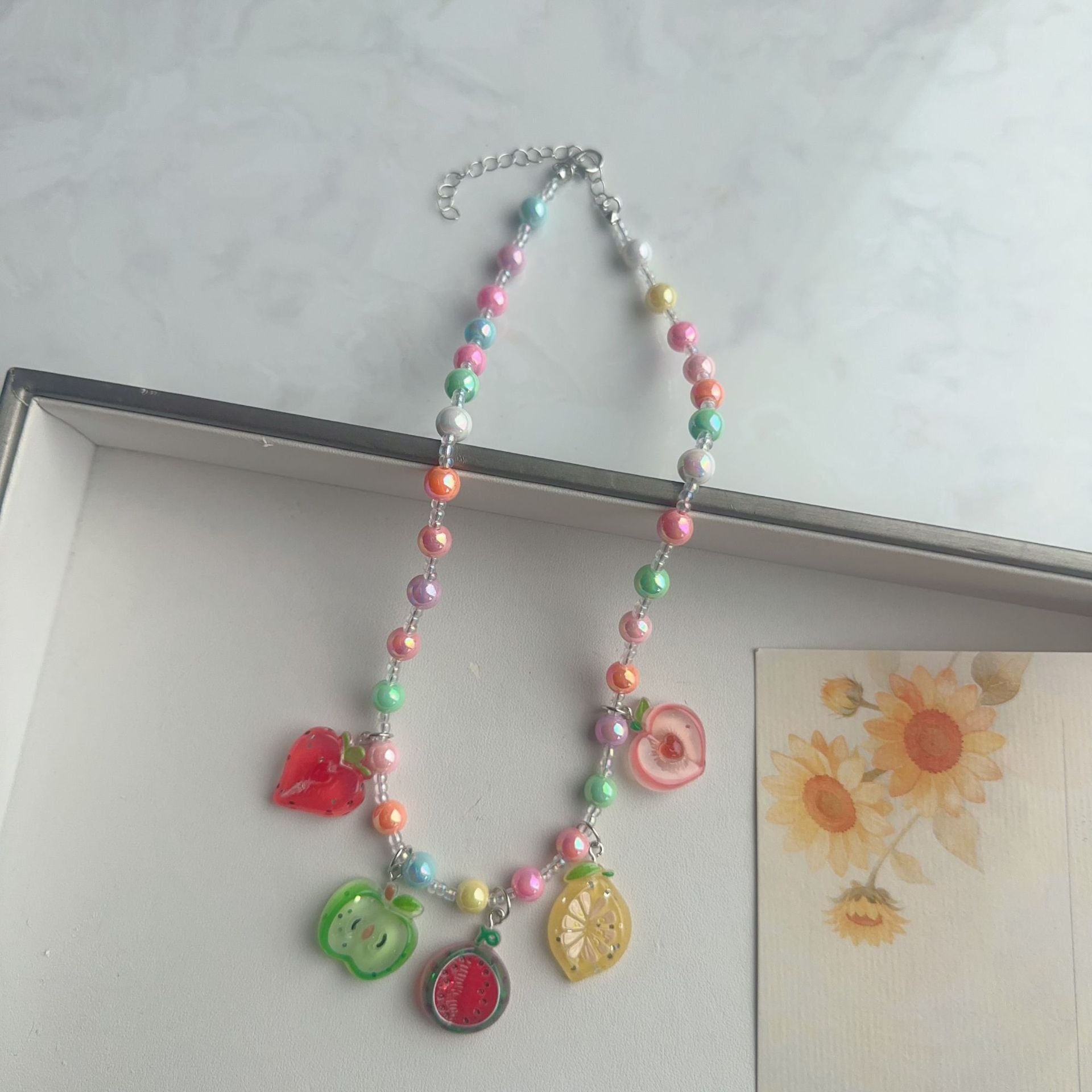Cute Cartoon Acrylic Beaded Choker Necklace For Women With Ball Chain