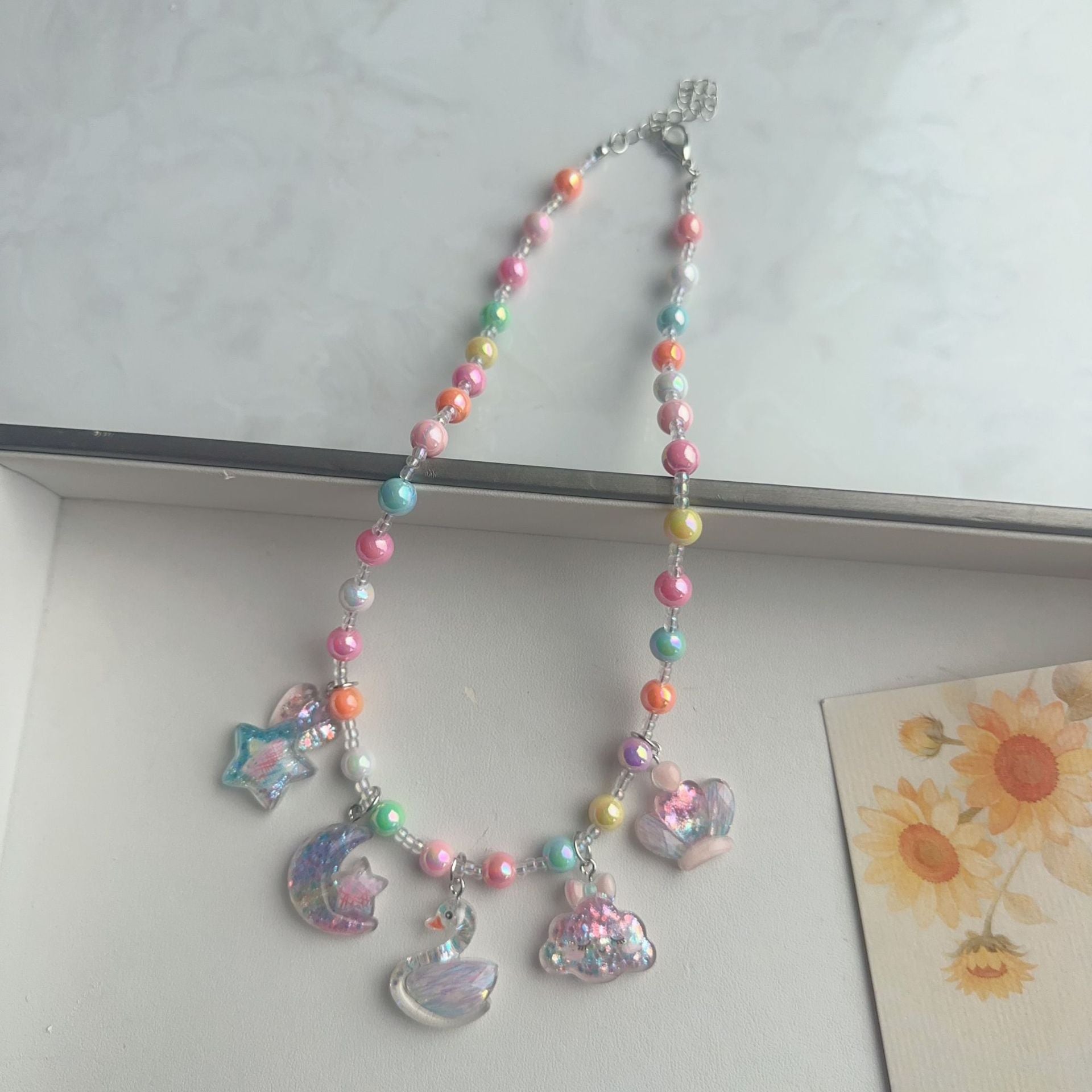 Cute Cartoon Acrylic Beaded Choker Necklace For Women With Ball Chain