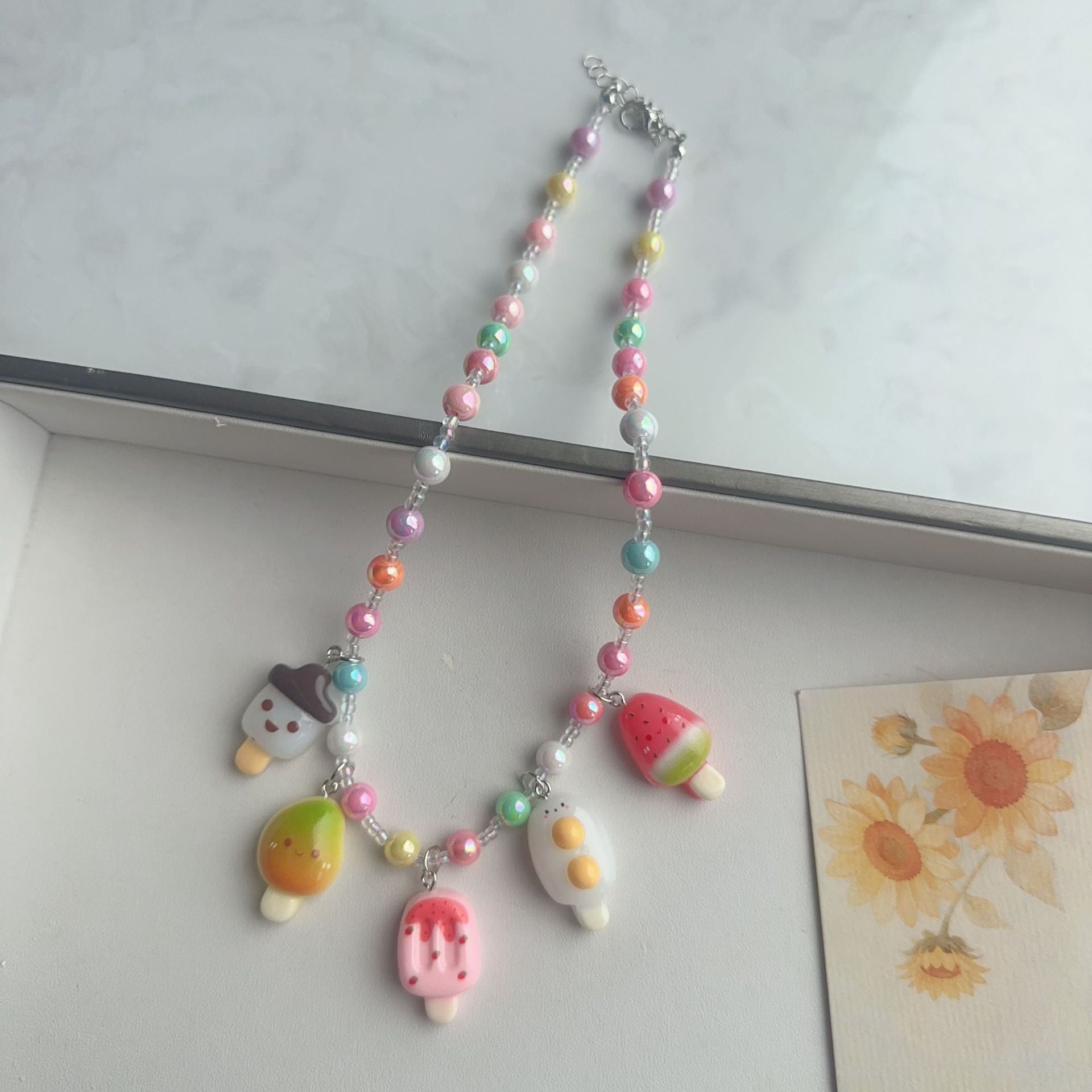 Cute Cartoon Acrylic Beaded Choker Necklace For Women With Ball Chain