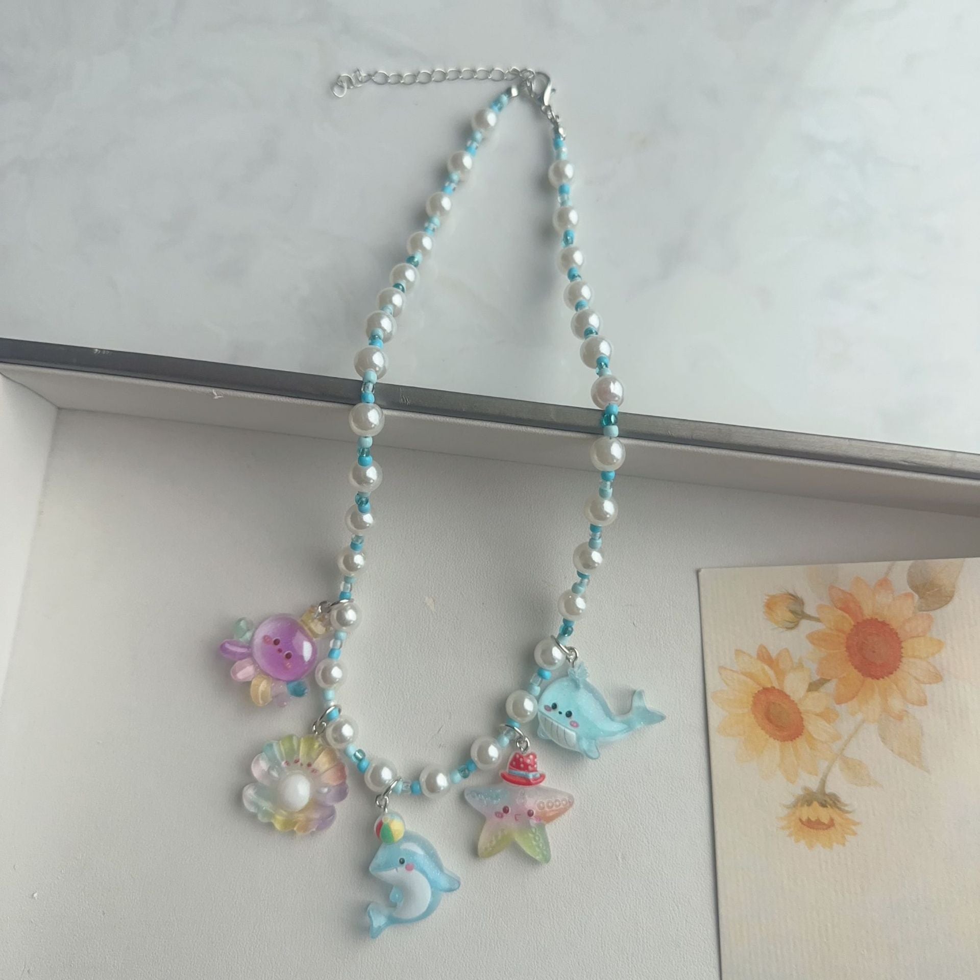 Cute Cartoon Acrylic Beaded Choker Necklace For Women With Ball Chain