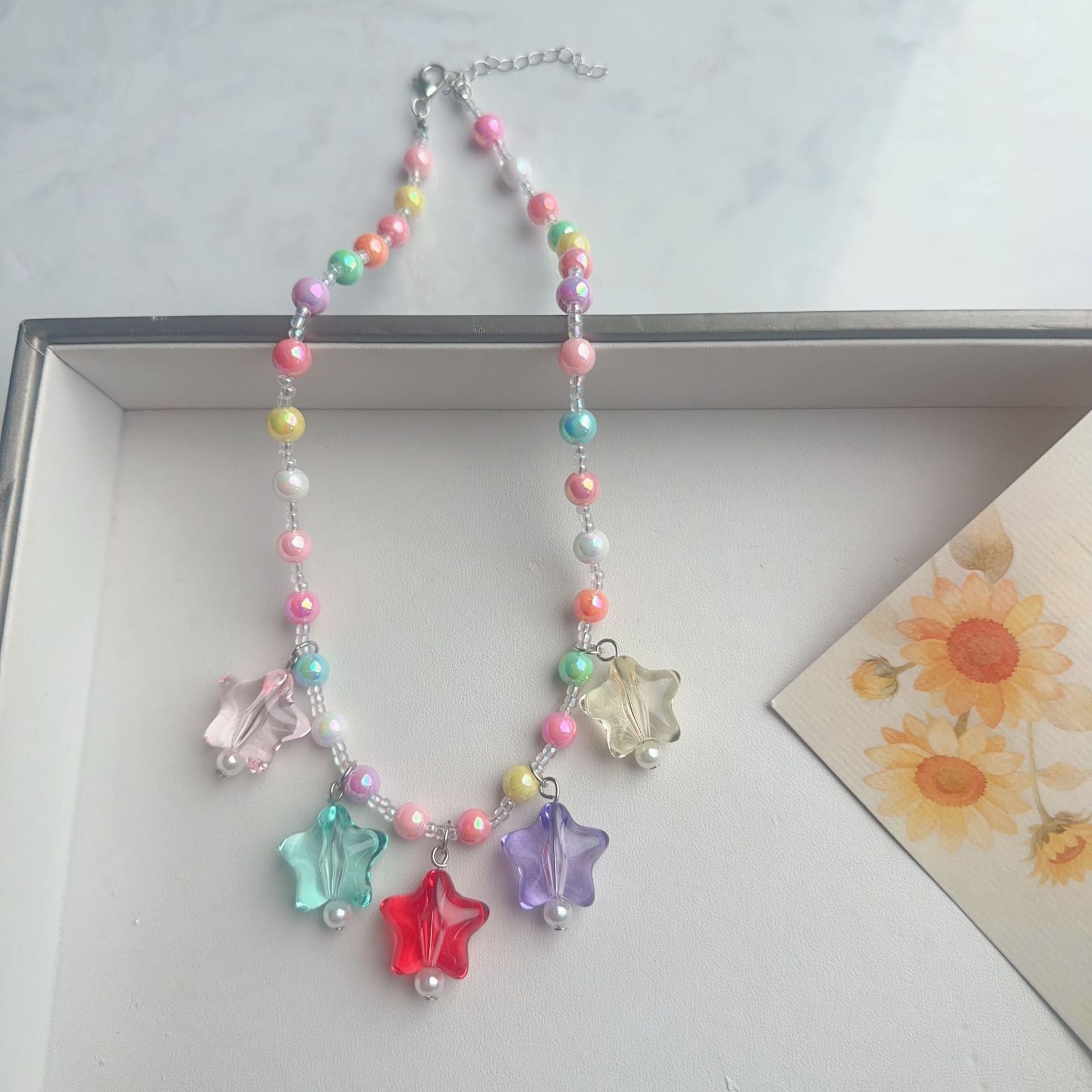 Cute Cartoon Acrylic Beaded Choker Necklace For Women With Ball Chain