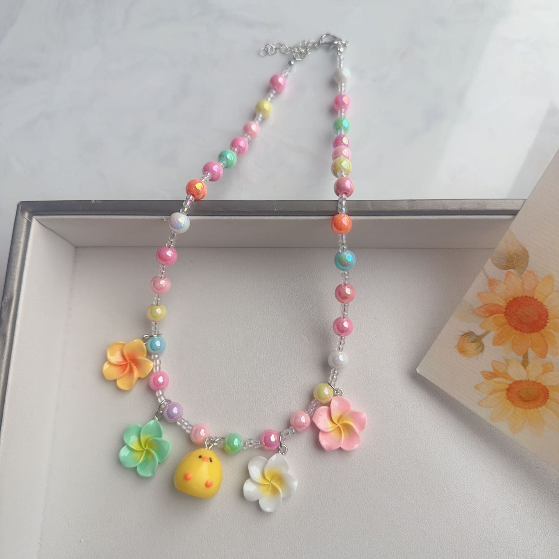 Cute Cartoon Acrylic Beaded Choker Necklace For Women With Ball Chain