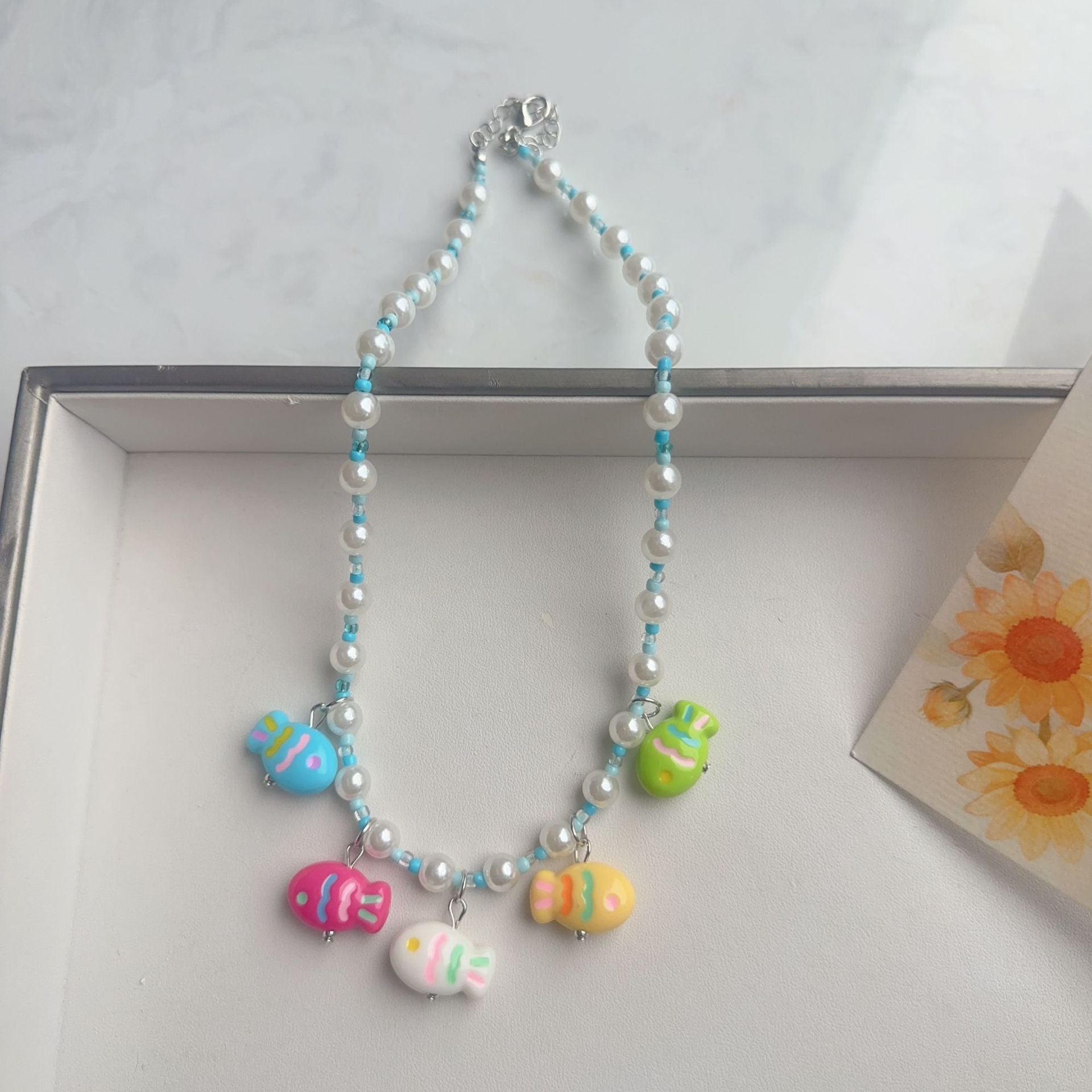 Cute Cartoon Acrylic Beaded Choker Necklace For Women With Ball Chain