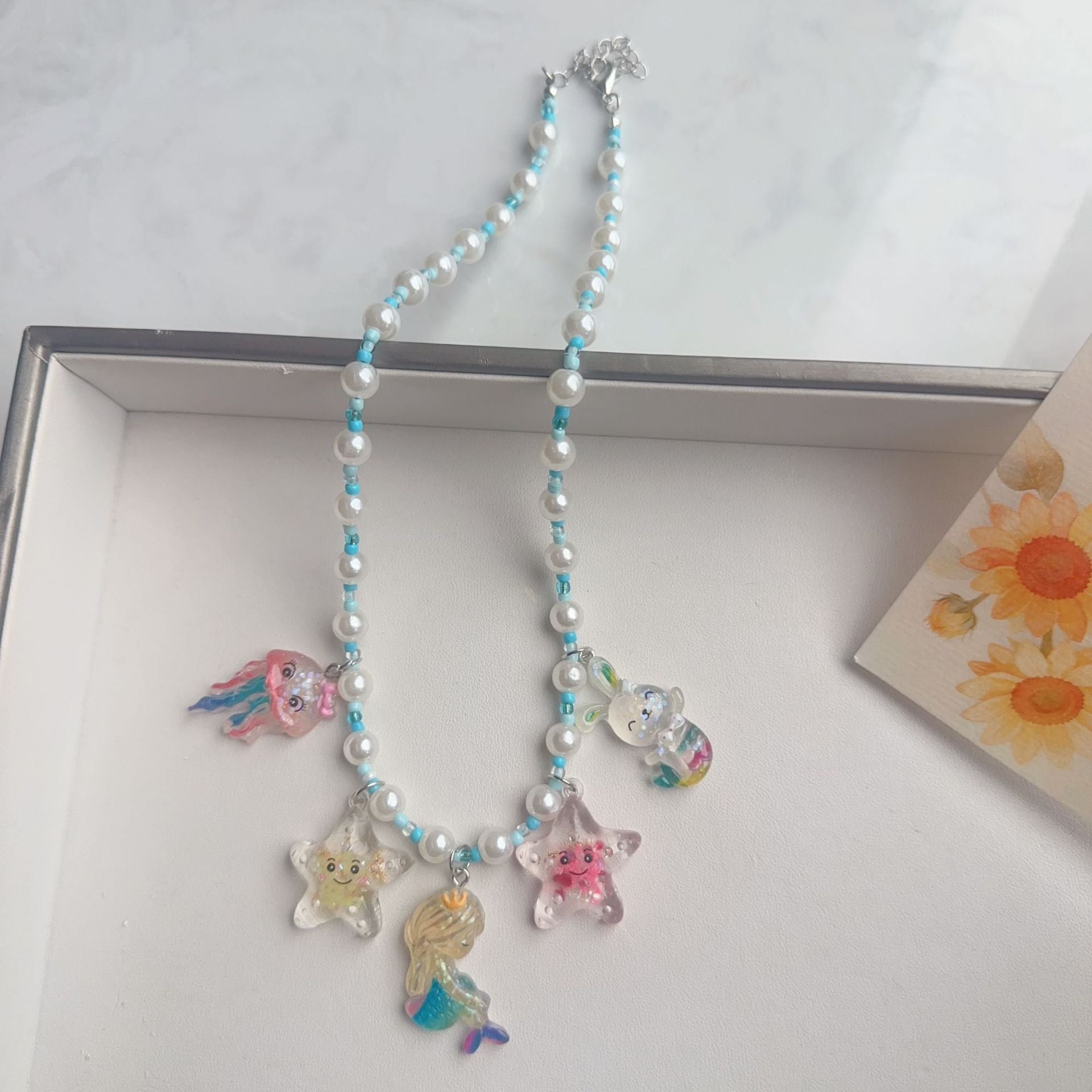 Cute Cartoon Acrylic Beaded Choker Necklace For Women With Ball Chain