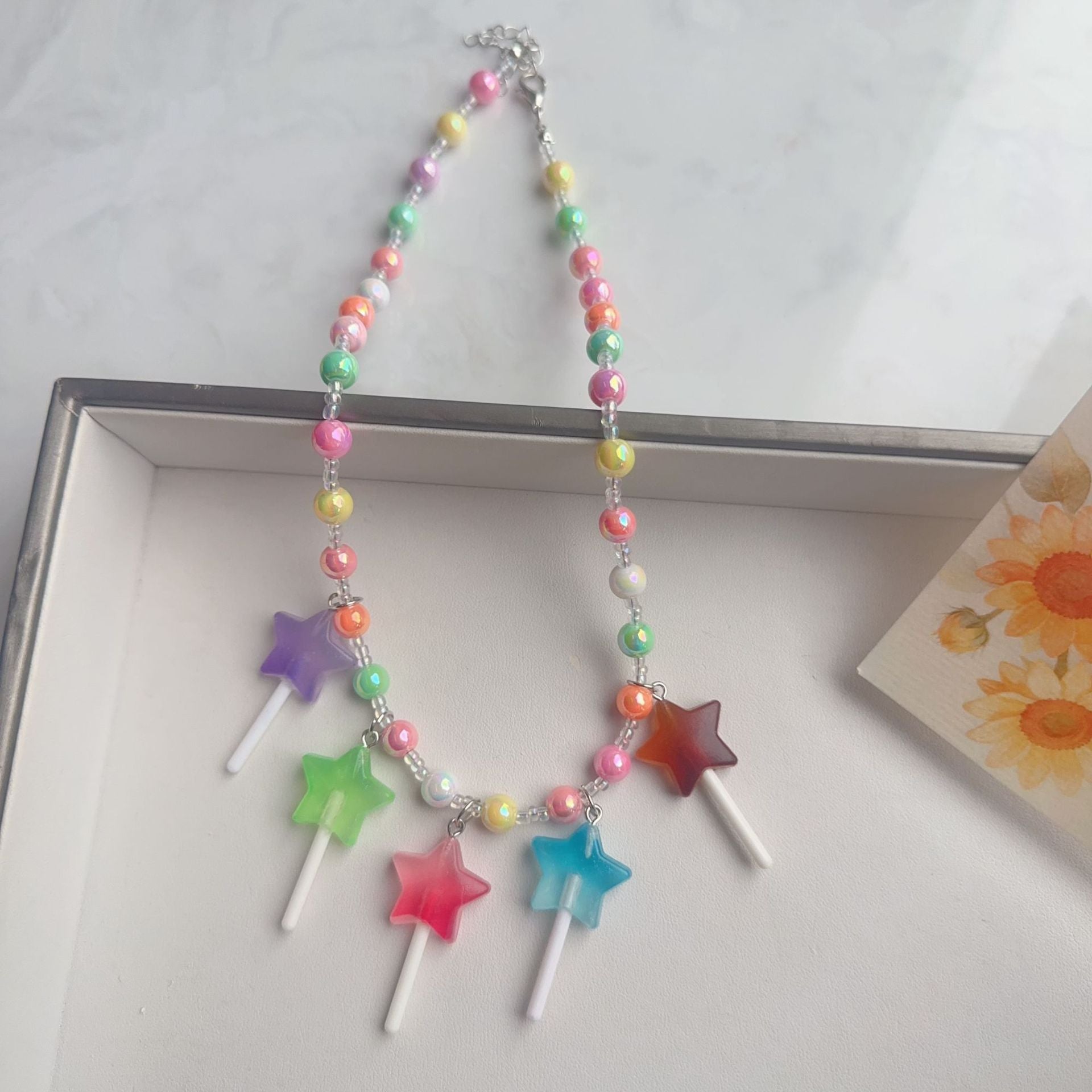 Cute Cartoon Acrylic Beaded Choker Necklace For Women With Ball Chain