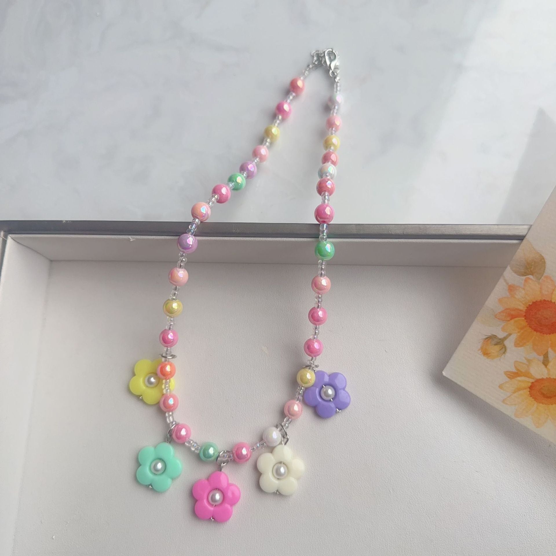 Cute Cartoon Acrylic Beaded Choker Necklace For Women With Ball Chain