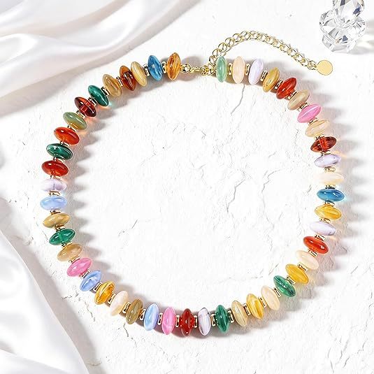 Beaded Resin Necklace For Women Featuring Colour Printing With Beaded Chain
