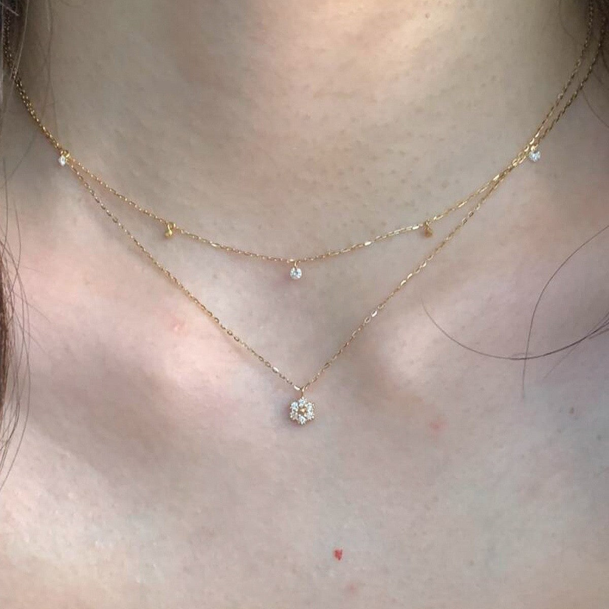 Sweet Double Layer Flowers Necklace For Women With Electroplated Copper And Rhinestone Tassel Design