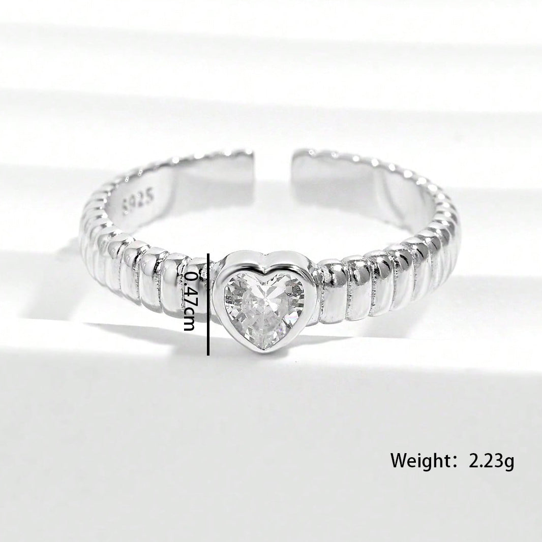 Heart Shape Ring For Women In Silver With Platinum Plated 0.03µm Thickness Featuring Zircon, 1 Piece For Valentine's Day