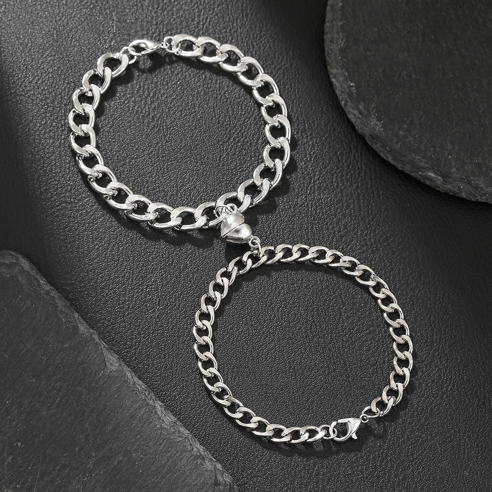 Couple Heart Shape Braid Rope Bracelets With Magnetic Clasp Closure, 1 Pair