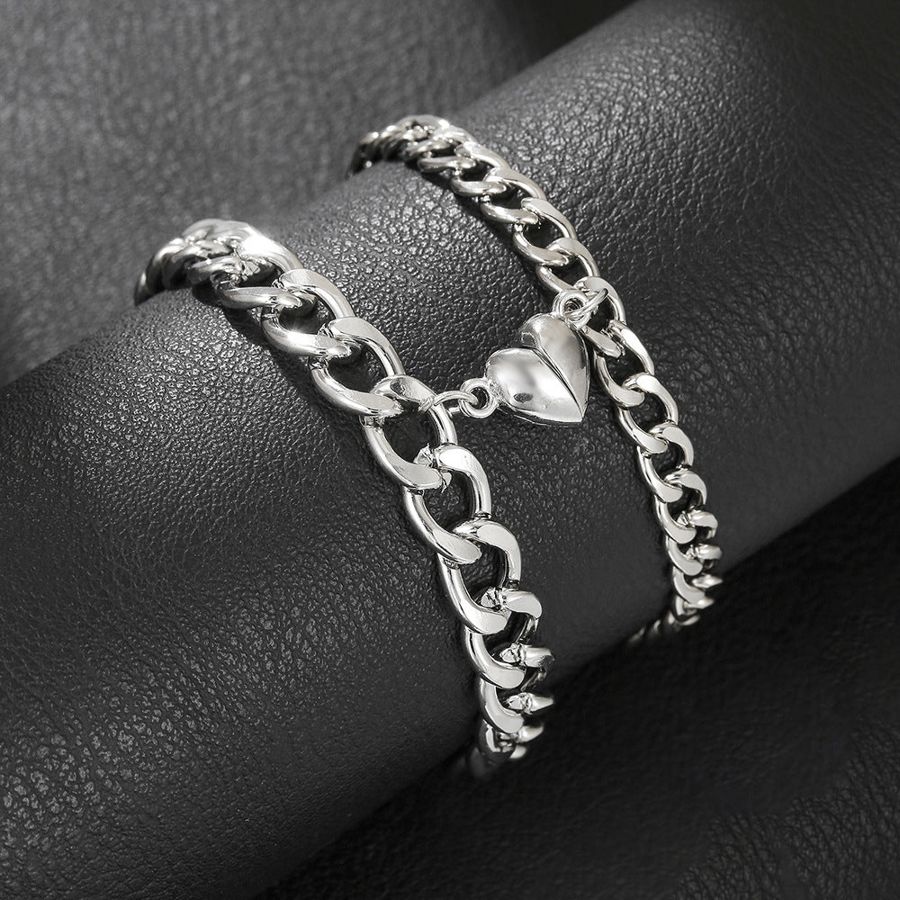 Couple Heart Shape Braid Rope Bracelets With Magnetic Clasp Closure, 1 Pair
