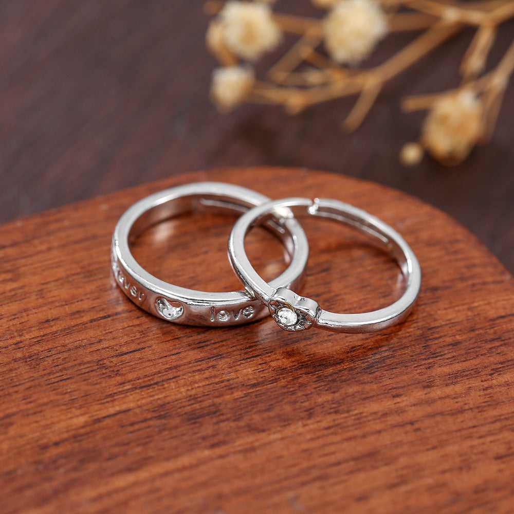 Heart Shape Couple Rings For 1 Set Featuring Alloy Material And Diamond Inlay With Electroplated Finish