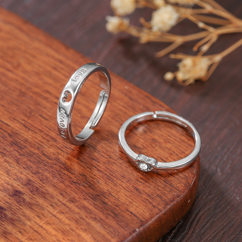Heart Shape Couple Rings For 1 Set Featuring Alloy Material And Diamond Inlay With Electroplated Finish