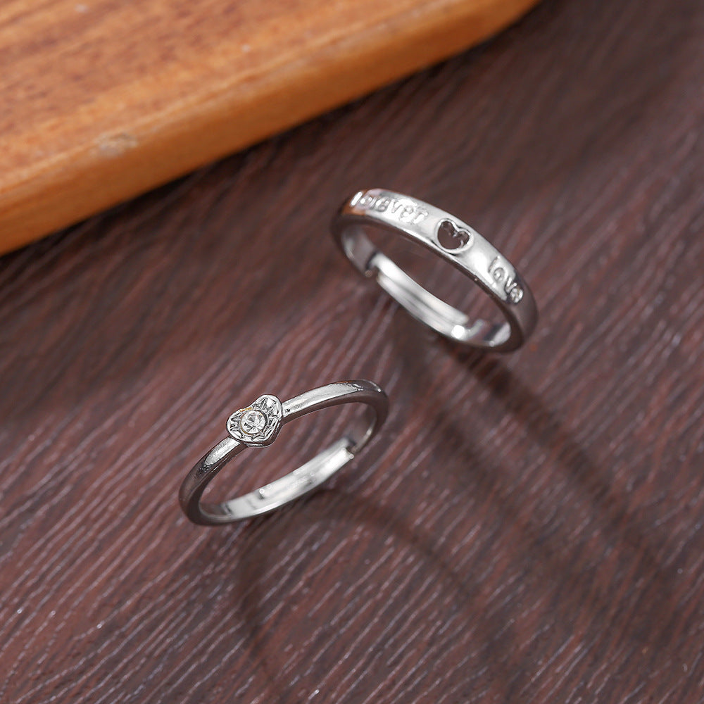 Heart Shape Couple Rings For 1 Set Featuring Alloy Material And Diamond Inlay With Electroplated Finish