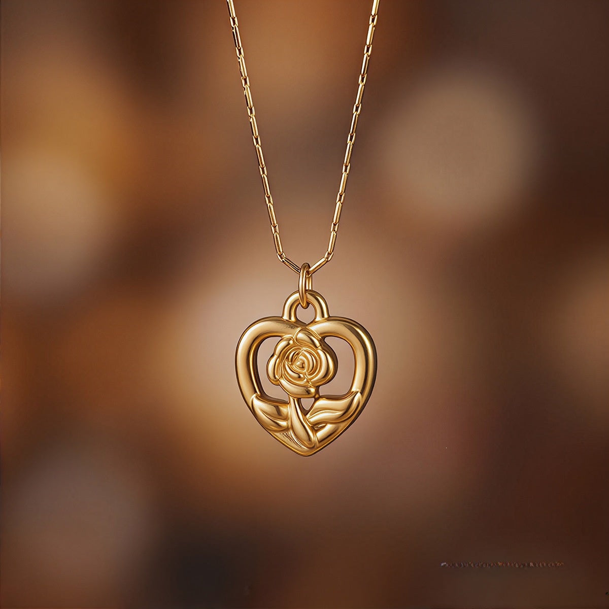 Heart Shape Pendant Necklace For Women In Gold Titanium Steel With Rhinestones On Cable Chain