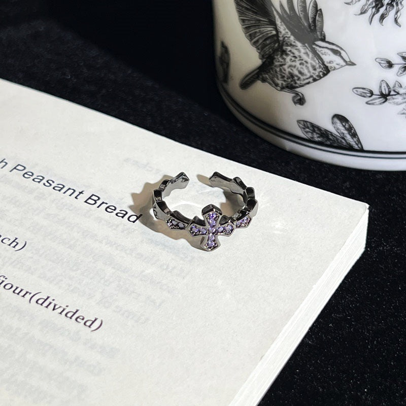 Asymmetrical Punk Cross Open Rings For Couples In Copper With Zircon Inlay