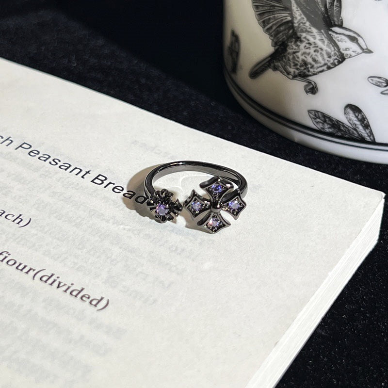 Asymmetrical Punk Cross Open Rings For Couples In Copper With Zircon Inlay