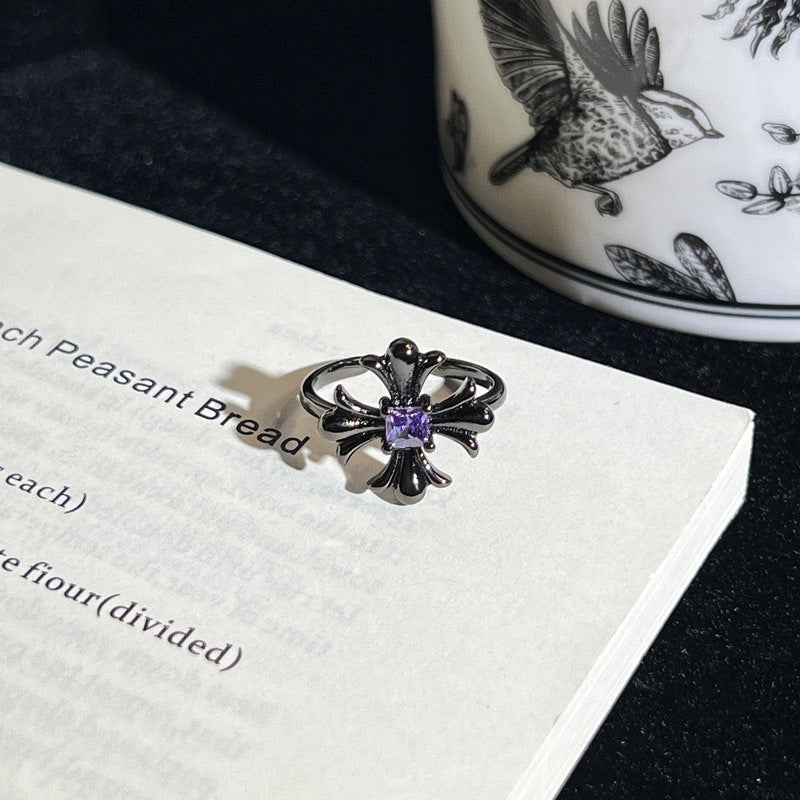 Asymmetrical Punk Cross Open Rings For Couples In Copper With Zircon Inlay