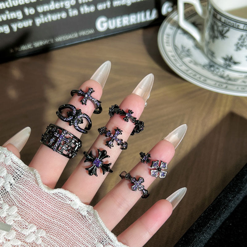 Asymmetrical Punk Cross Open Rings For Couples In Copper With Zircon Inlay
