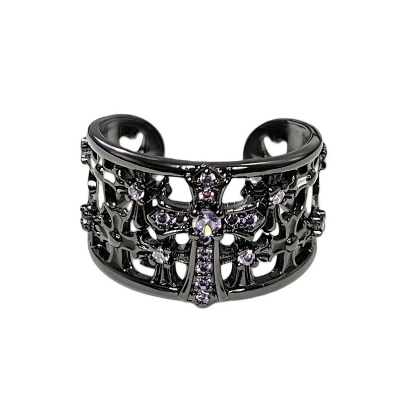 Asymmetrical Punk Cross Open Rings For Couples In Copper With Zircon Inlay