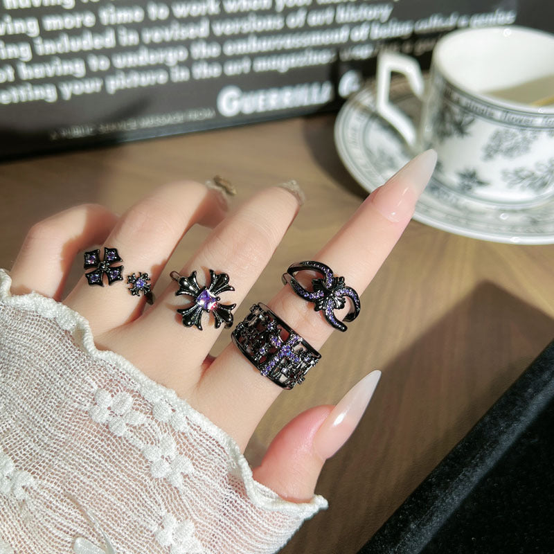 Asymmetrical Punk Cross Open Rings For Couples In Copper With Zircon Inlay