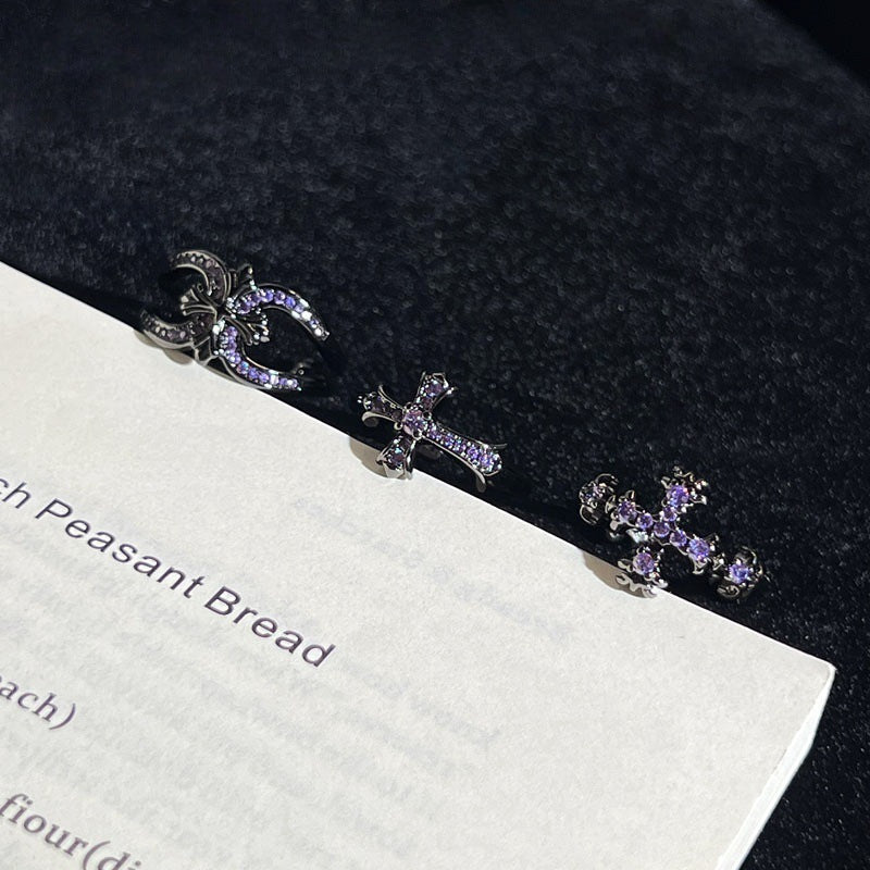 Asymmetrical Punk Cross Open Rings For Couples In Copper With Zircon Inlay