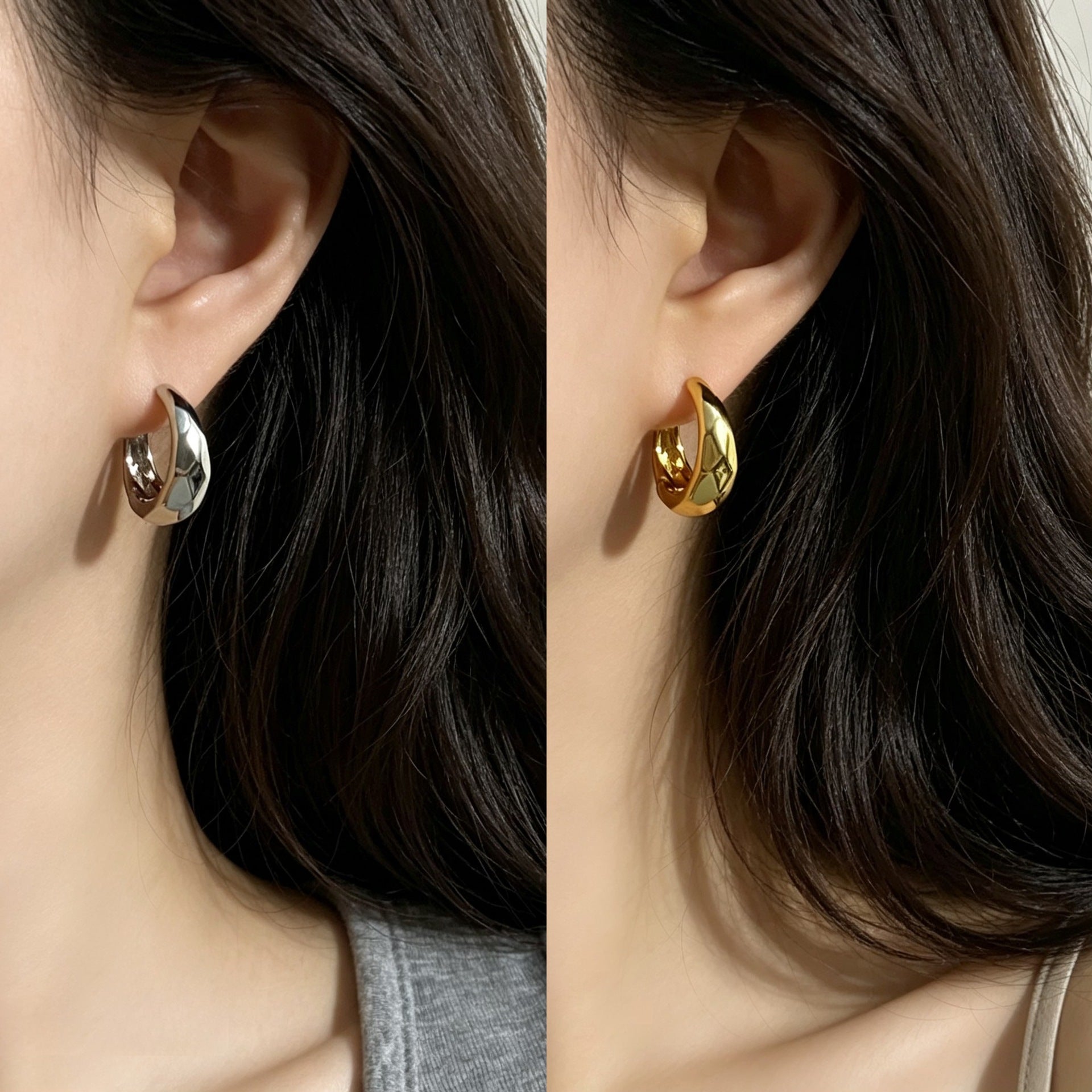 Real Gold Plated Copper Hoop Earrings With Brushed Water Droplets Pattern, Simple Style For Women