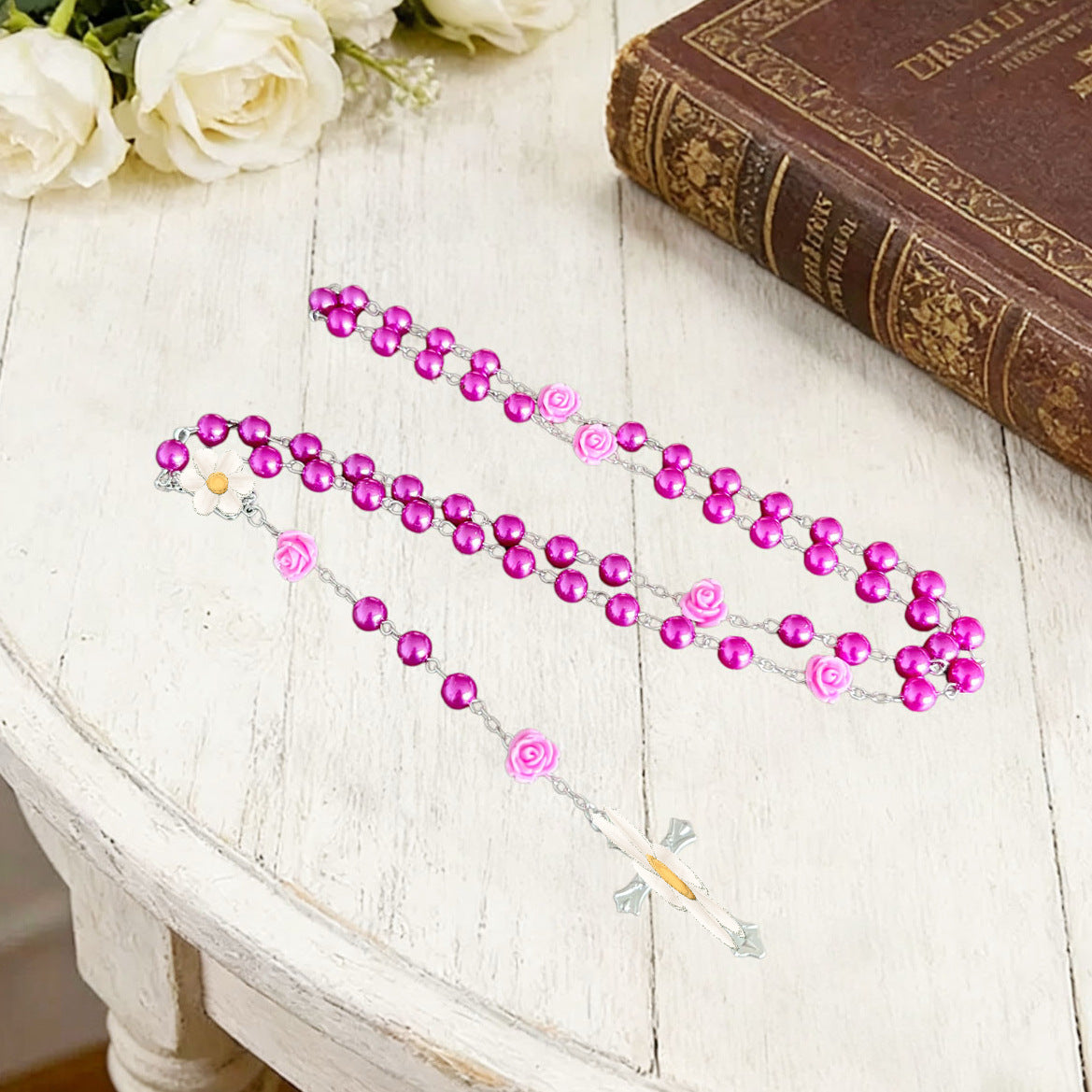 Exaggerated Purple Rose Rosary Necklace With Imitation Pearl And Glass Bead Pendant In Zinc Alloy On Ball Chain For Unisex