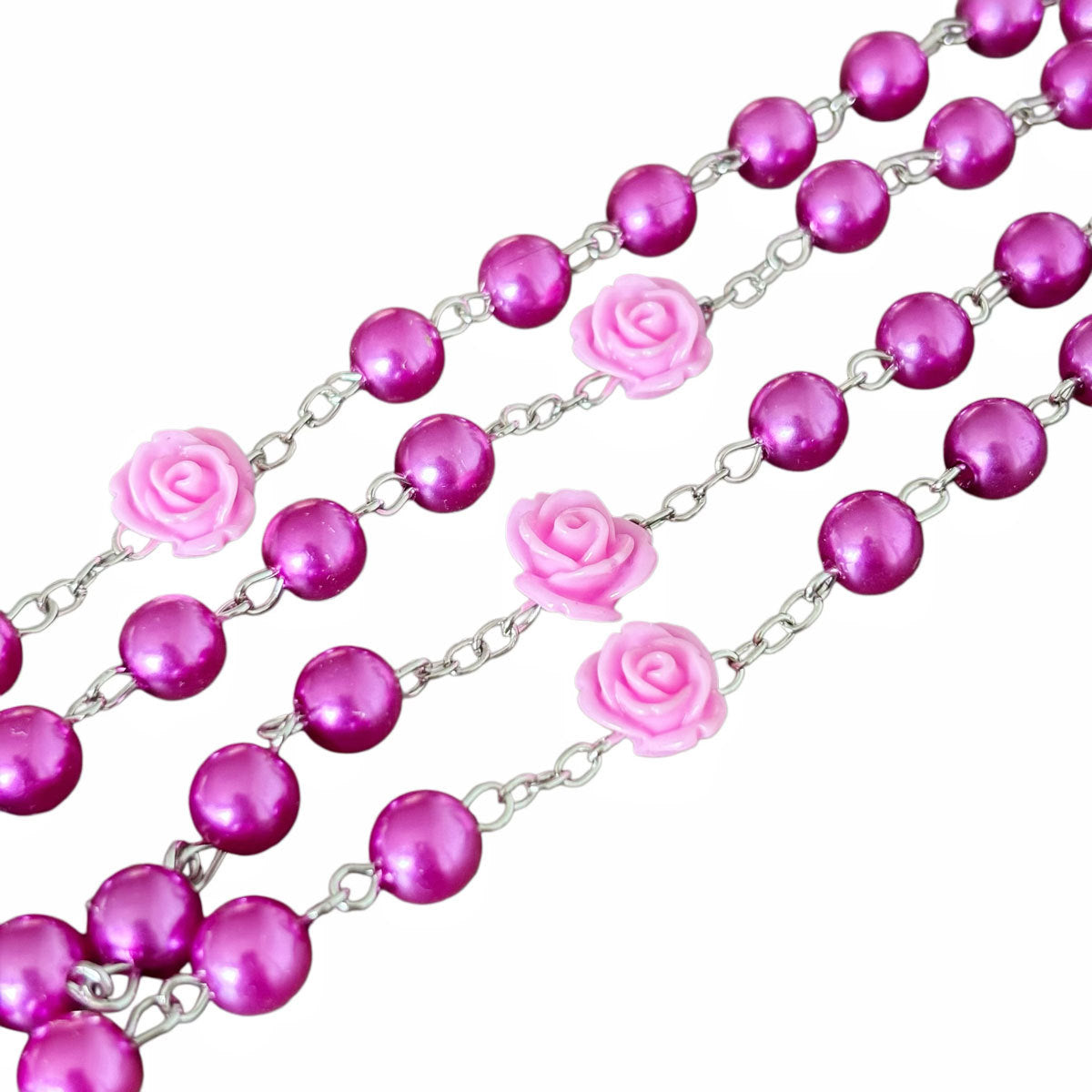 Exaggerated Purple Rose Rosary Necklace With Imitation Pearl And Glass Bead Pendant In Zinc Alloy On Ball Chain For Unisex