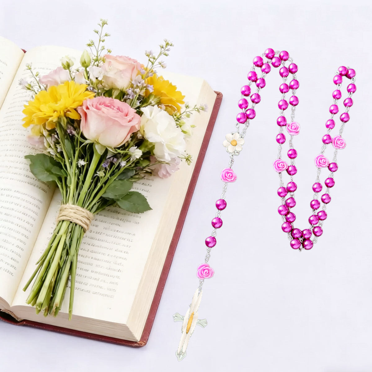 Exaggerated Purple Rose Rosary Necklace With Imitation Pearl And Glass Bead Pendant In Zinc Alloy On Ball Chain For Unisex