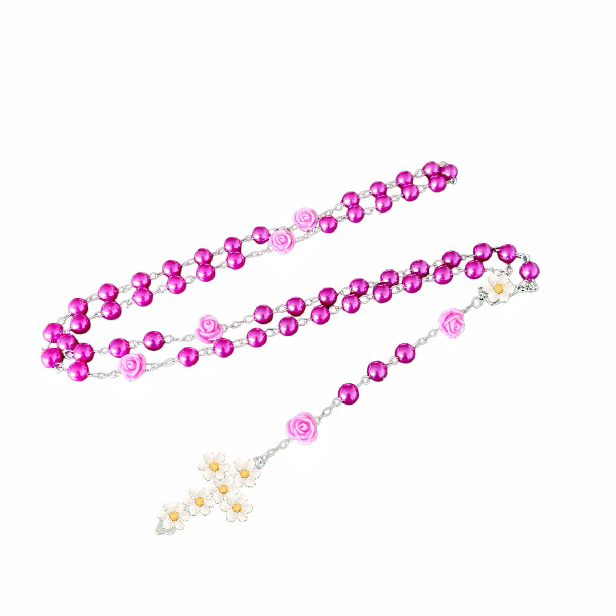 Exaggerated Purple Rose Rosary Necklace With Imitation Pearl And Glass Bead Pendant In Zinc Alloy On Ball Chain For Unisex