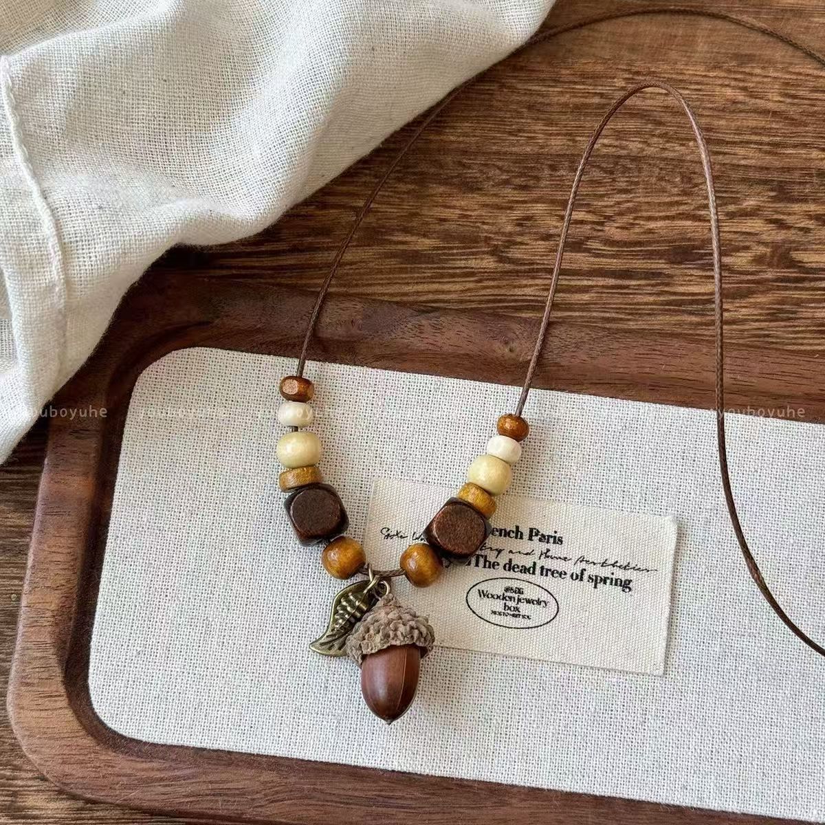 Ethnic Style Flowers Beading Sweater Chain Necklace For Women With Wood Pendant