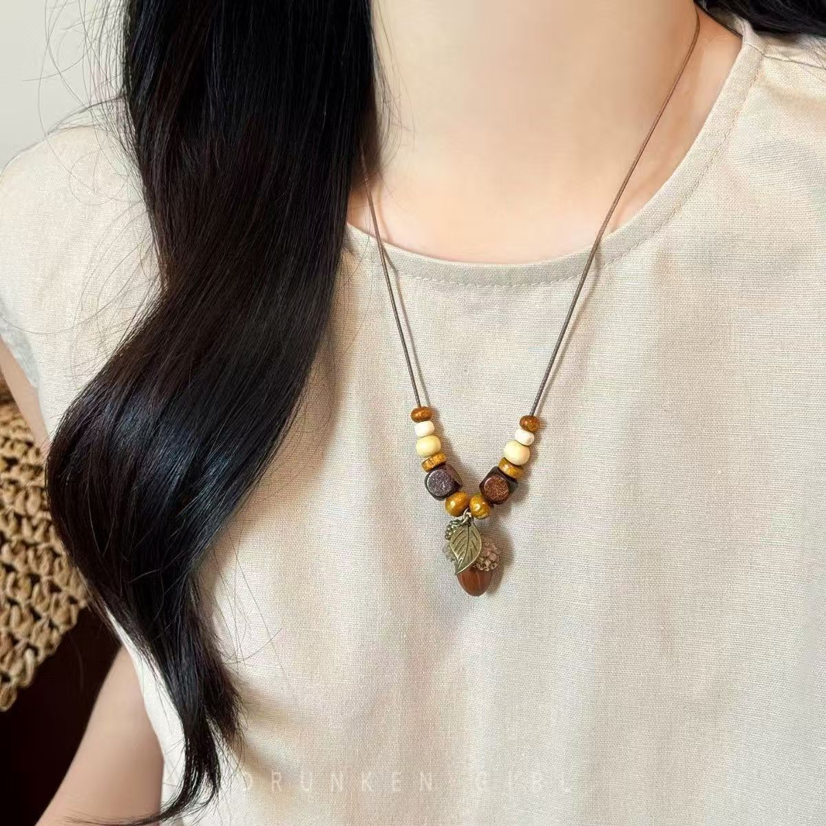 Ethnic Style Flowers Beading Sweater Chain Necklace For Women With Wood Pendant