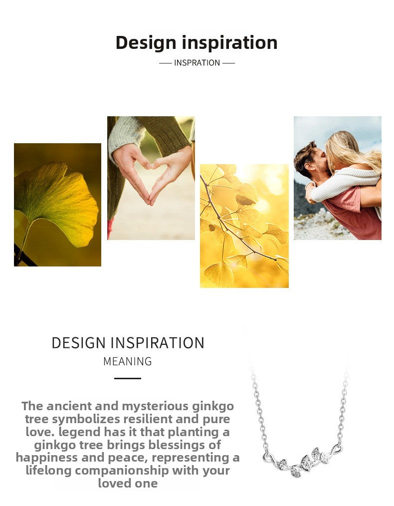 Sweet Ginkgo Leaf Necklace For Women In Silver Copper With Zircon Inlay And Snake Chain